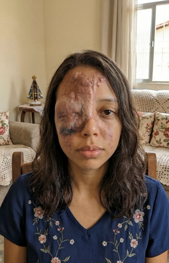 Ana Júlia, jovem de cabelos castanhos, com o lado esquerdo do rosto tomado pelas lesões da doença rara